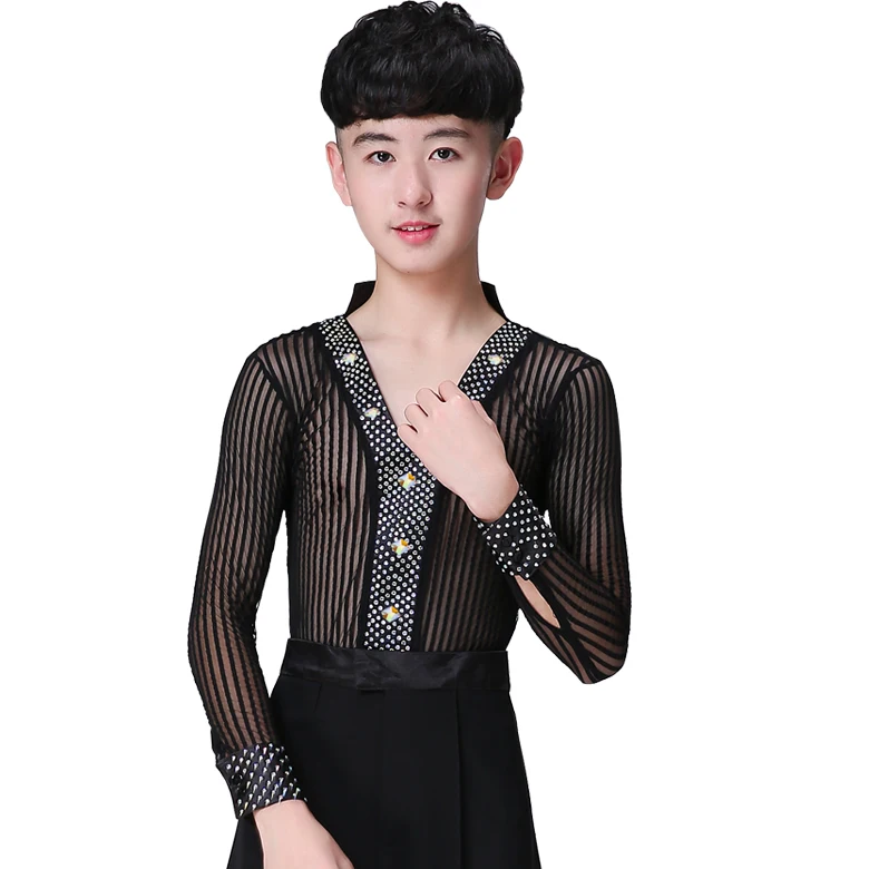 

2019 New Ballroom Latin Dance Shirts Kids Boys Men Korean Velvet Long Sleeve Adult Performance Clothing Competition Tops