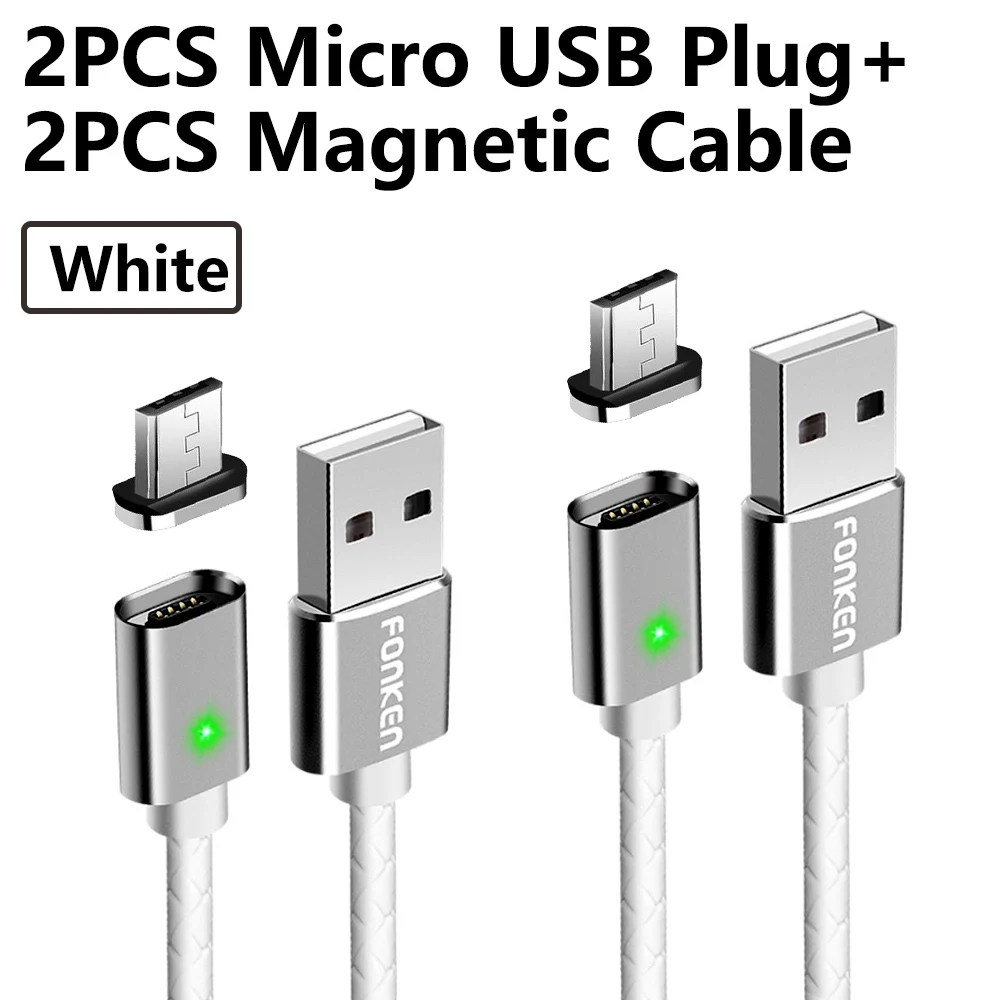 Магнитный кабель Micro USB FONKEN, магнитный кабель Mini USB для мобильного телефона, быстрое зарядное устройство, 1 м, макс. 2,4 А, светодиодный кабель для зарядки и синхронизации данных - Цвет: 2 Plug 2 white cord