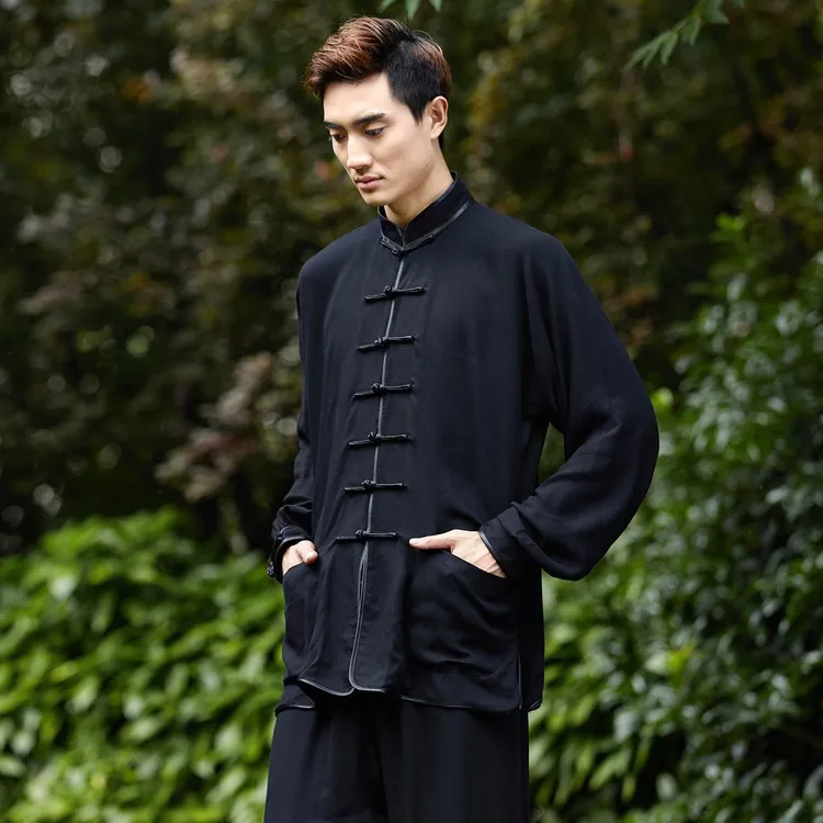Черный китайский мужской костюм Кунг Фу хлопок Тай Чи винтажная одежда на пуговицах M L XL XXL XXXL NS018