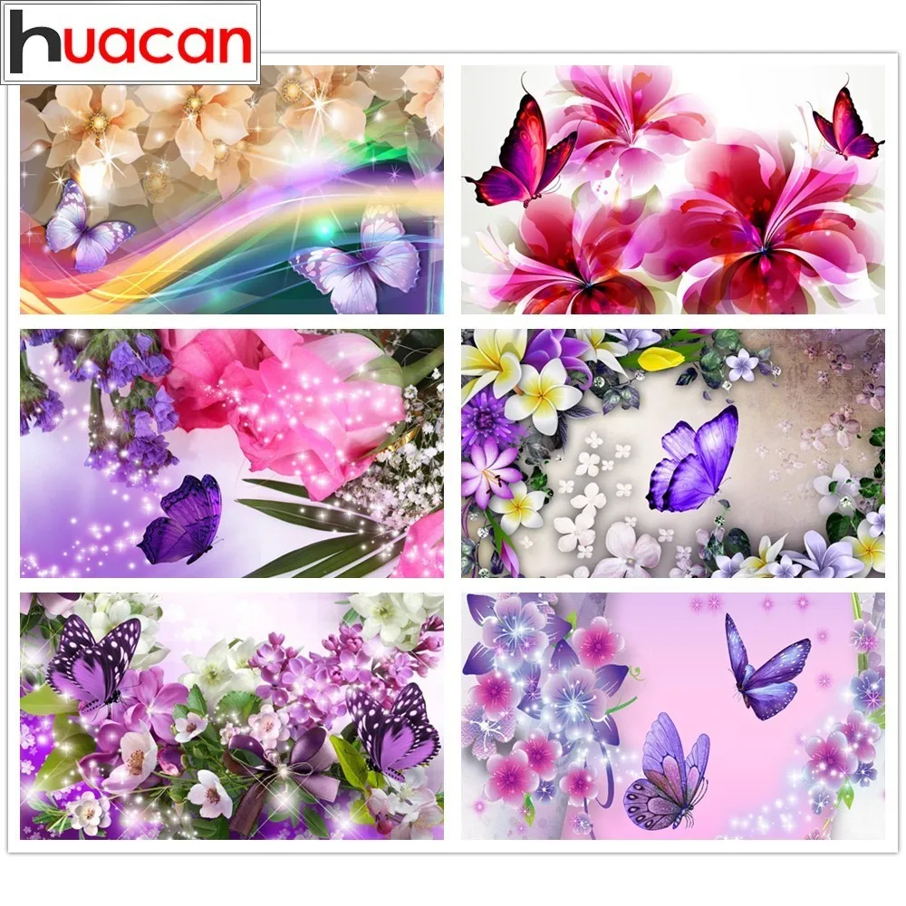 

HUACAN 5D DIY Diamond Painting Butterfly Decoration Home Diamond Embroidery Rainbow Full Drill Round Diamond Mosaic Flowers