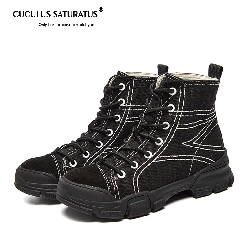 

Cuculus Motorcycle Boots Women Low Soldiers Boots Canvas Casual Shoes Fashion Sneakers Shoes black Women Boots