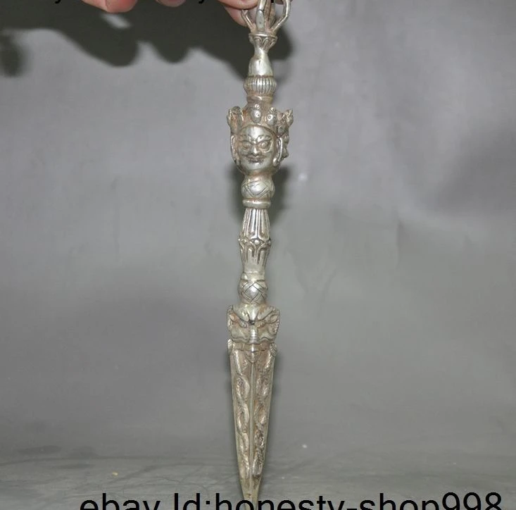 

8"Old Tibet Buddhism Fane Silver Mahakala Buddha Head Phurpa Vajra Dorje Dagger