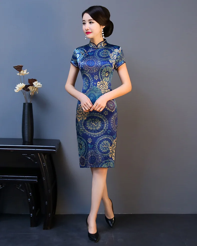 MS синий Cheongsam для женщин пожилого возраста улучшилось платье Qipao Китайский стиль восстановление древних способов шелк Cheongsam