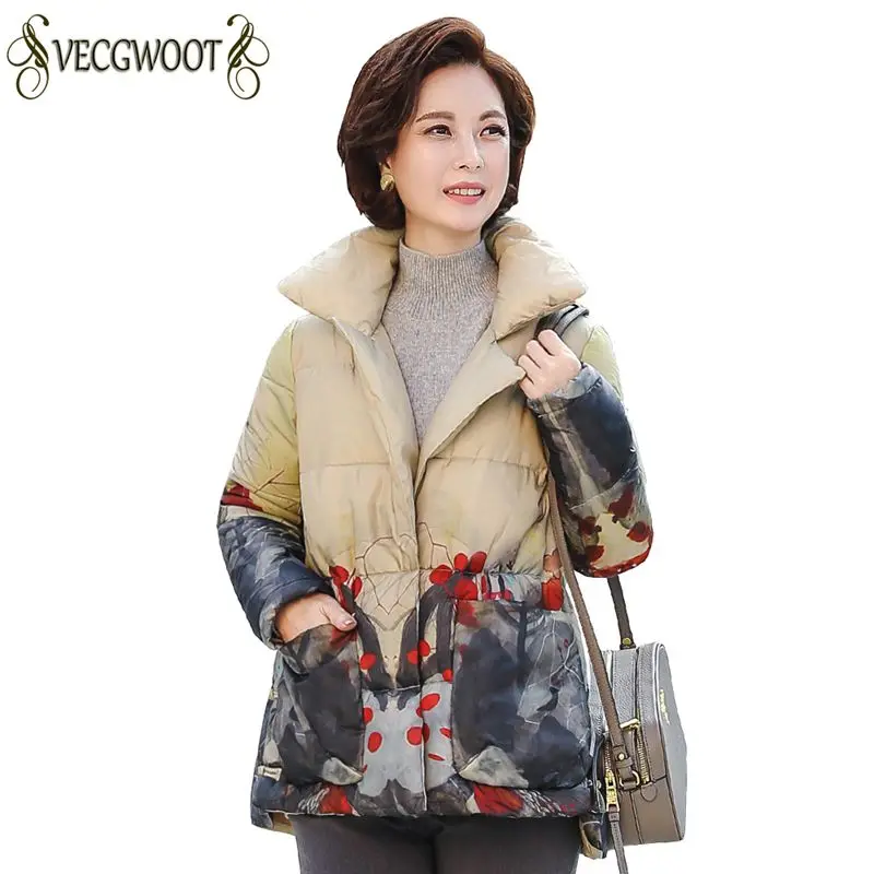 

Fashion Women Big Size Down Jacket 2019 Winter New Females Parkas Slim Middle-age Coat Print Loose Outerwear Thicker Warm RT06