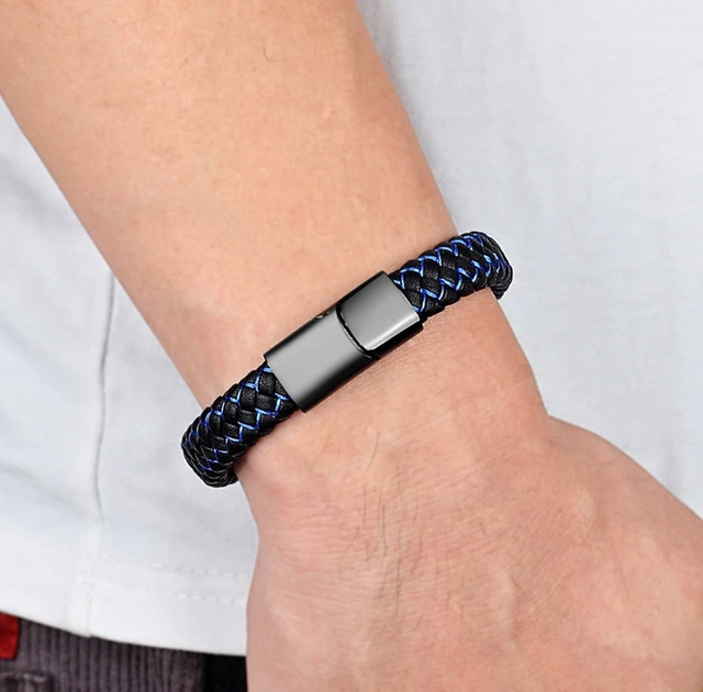 Men’s Punk Black Blue Braided Leather Bracelet Budget Friendly Accessories