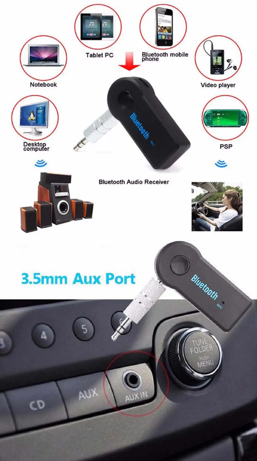 Комплект громкой связи для авто, Bluetooth, Bluetooth, портативный беспроводной bluetooth-приемник, AUX адаптер, 3,5 мм разъем, Bluetooth аудио для автомобилей