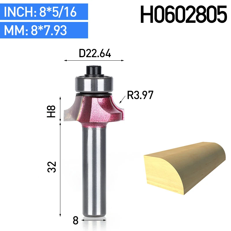 HUHAO 1 шт. 8 мм хвостовик Круглый-над фрезы для деревообрабатывающий инструмент Концевая мельница с подшипником Фрезерный резак угловой круглый над бит - Длина режущей кромки: H0602805