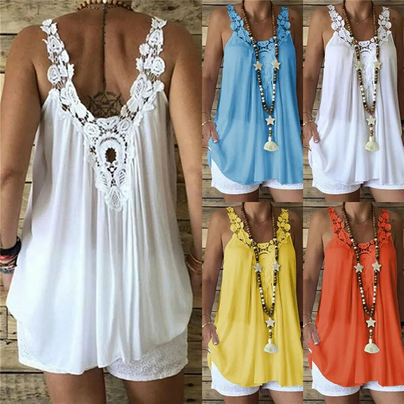 

Plus Size Women Sleeveless Lace Hollow Flower Tops Tanks Casual Lace Vest Blouse Cami Top
