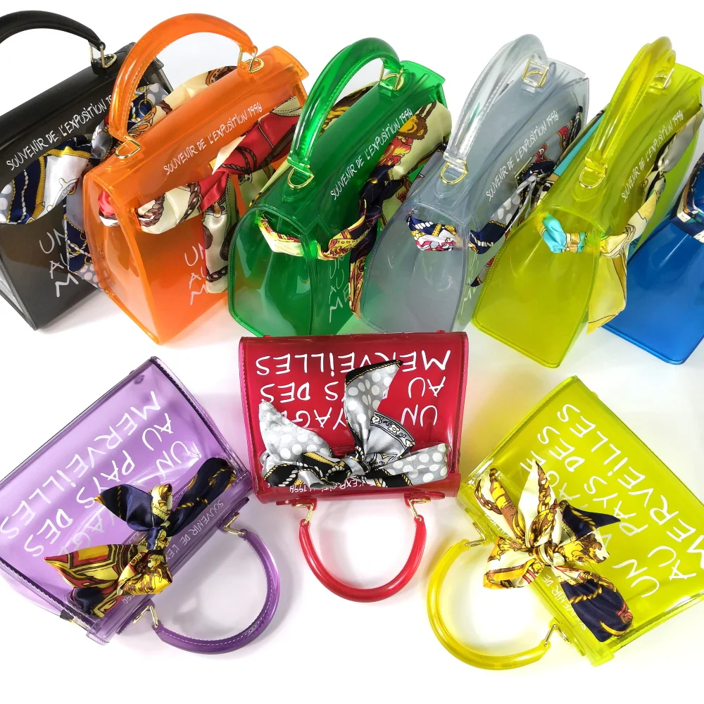 أعلى مقبض واضح شفاف PVC المرأة حقيبة يد حقائب كتف إلكتروني طباعة حلوى الهلام اللون رسول حقيبة Crossbody الفاخرة بولسا