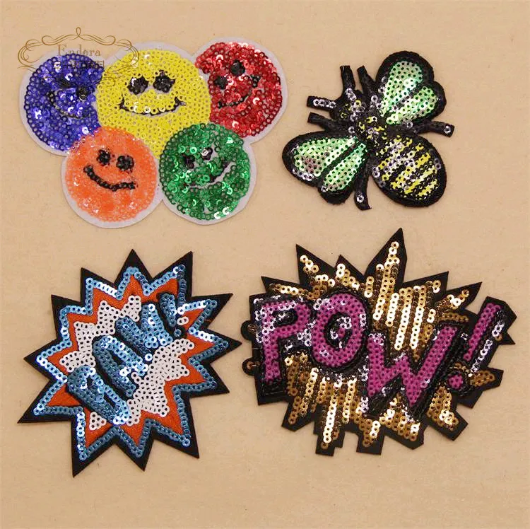 

New arrival 10 pcs POW BAM colorfl faces sequins Embroidered patches iron on cartoon Motif Applique embroidery decor accessory