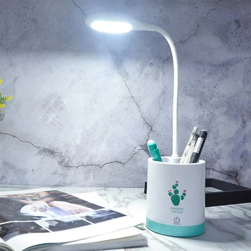 

USB Rechargeable LED Touch Lamp 3 Settings Dimmable Flexible Night Reading Light with Pen Holder (Cactus)