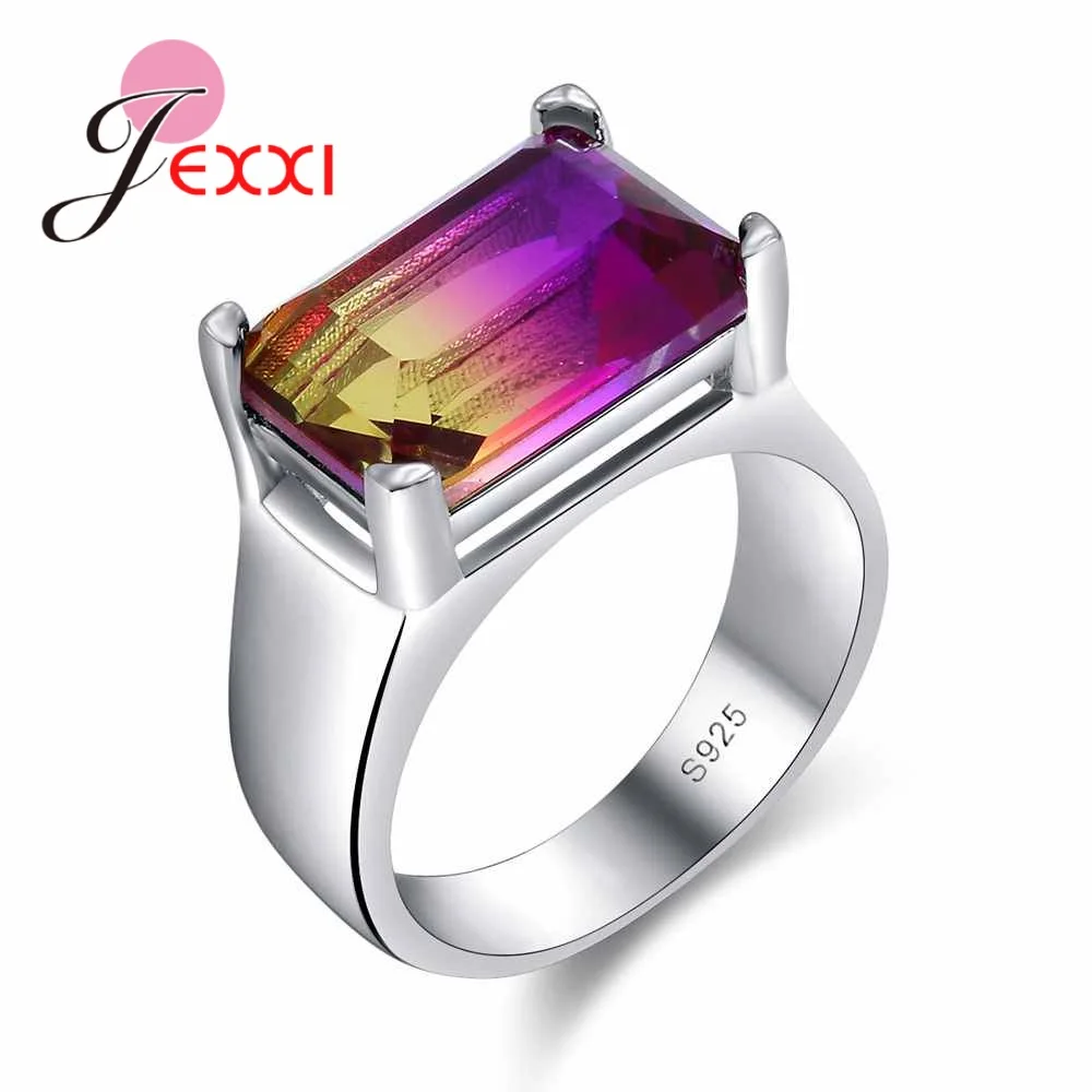 

JEXXI Luxury High Quality Jewelry Women Wedding Sterling Silver 925 Ring Mystic Rainbow Stone Engagement Rings with Big Stone