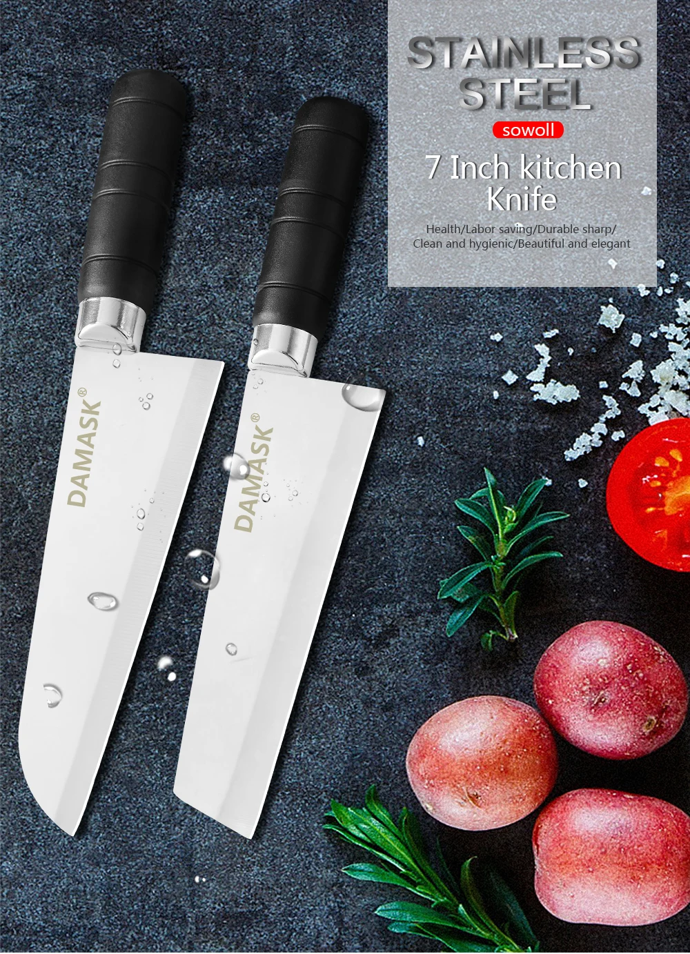 Дамасский нож шеф-повара из нержавеющей стали 7 дюймов, кухонный нож с ручкой и помпоном, нож для овощей Santoku Nakiri, профессиональные инструменты для приготовления пищи