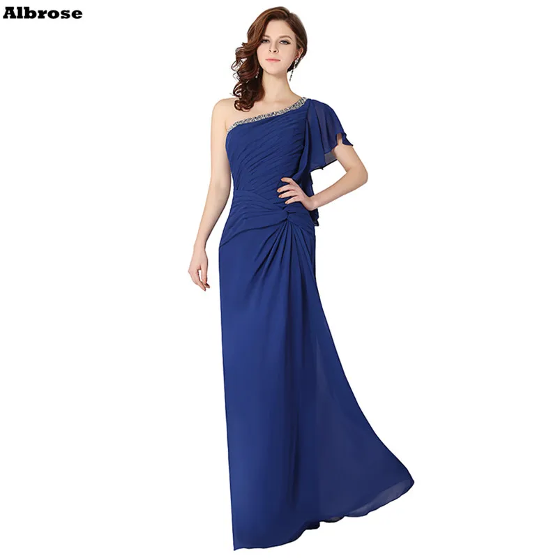 Royal Blue Chiffon Beach Bridesmaid Dresses Crystal One Shoulder