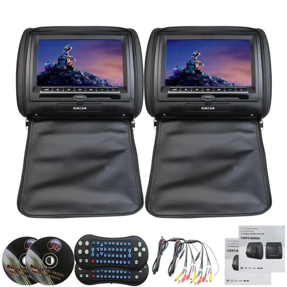 

Two pieces Black Leather Car Headrest 9"digital Screen Pillow Headrest Monitor Remote Control USB SD IR no headphones included