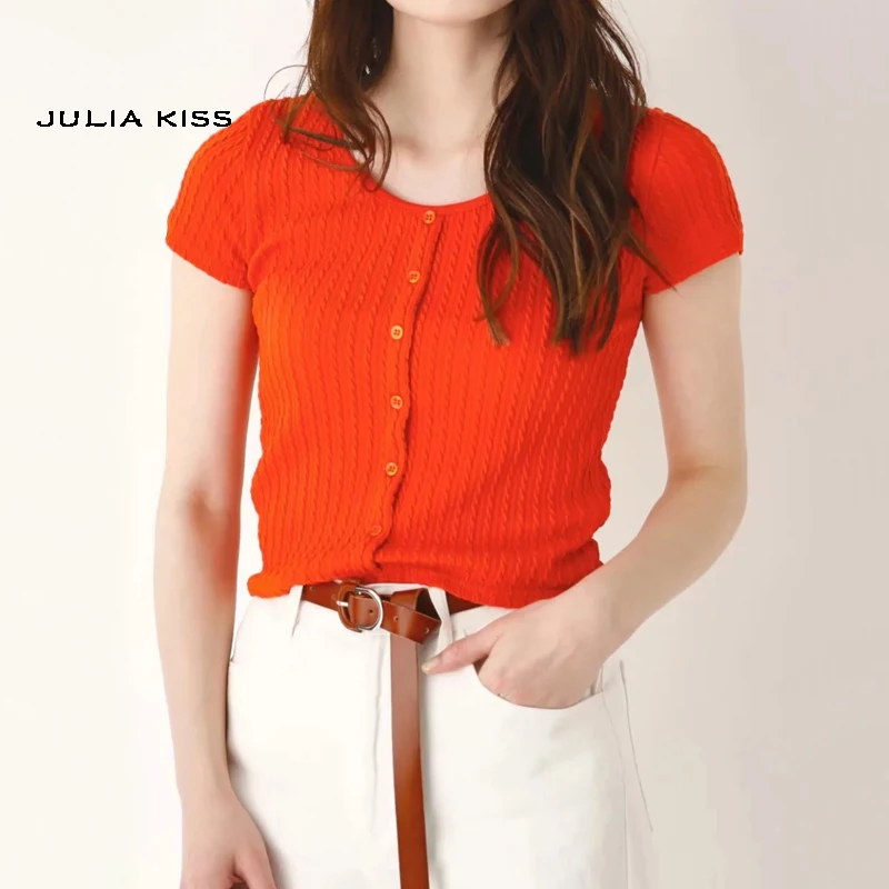 Women O Neck Twisted Knit Cardigan Short Sleeve |