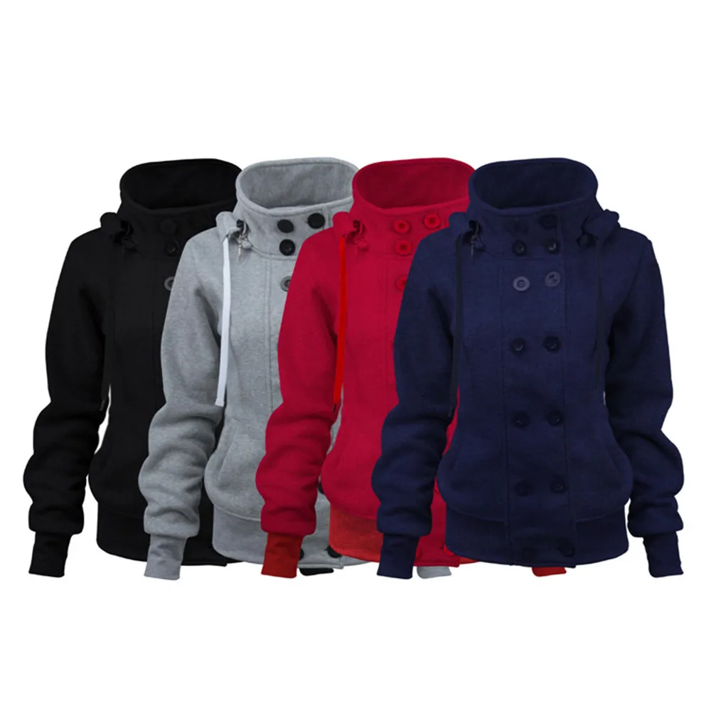 

2018 Autumn and Winter New Women's Hooded Ladies Sweatshirts Double-breasted Detachable Long-sleeved Slim Jacket Cotton Clothes