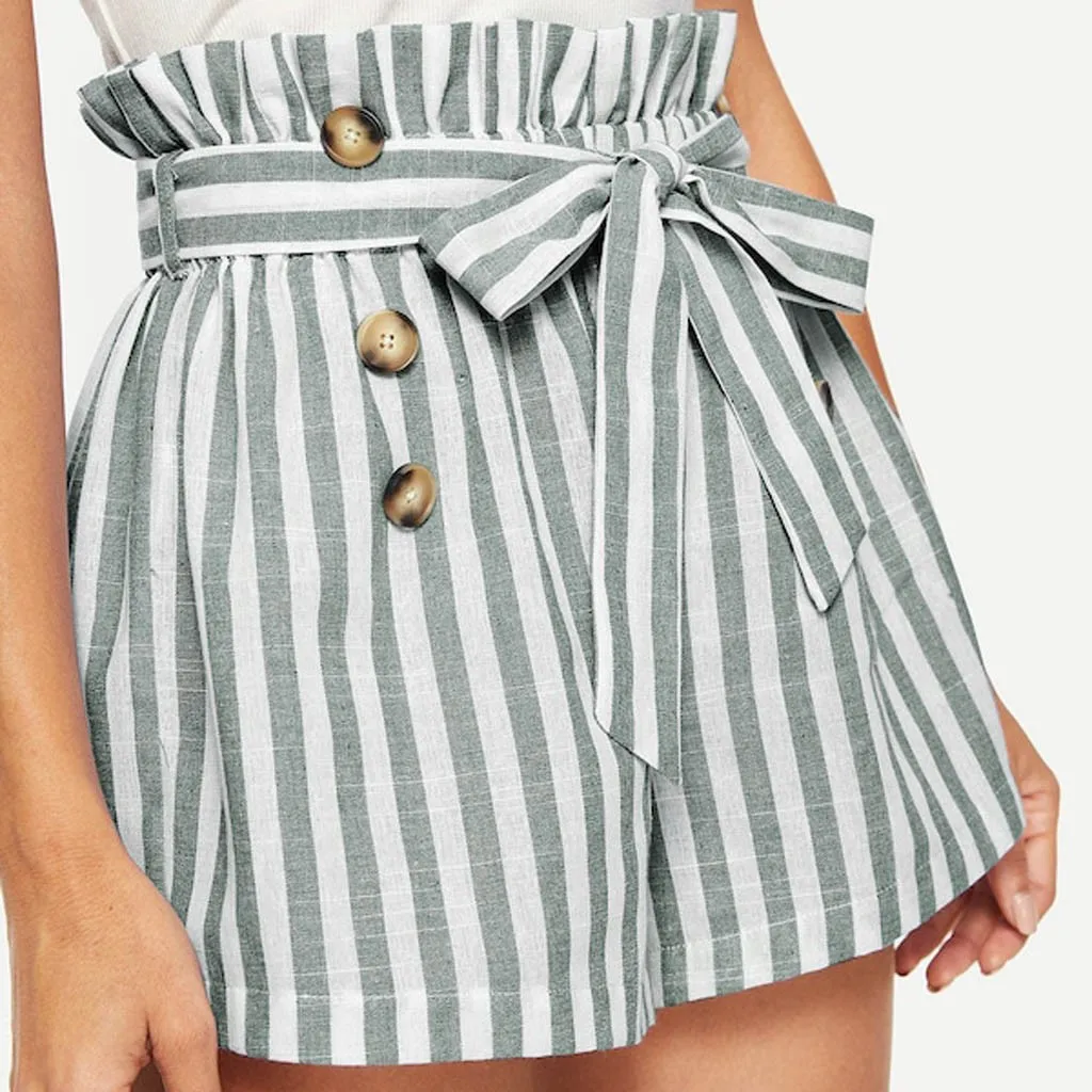 

Striped Women shorts summer fashion high waist Waist bandwidth loose shorts plus size Ladies casual daily button mini shorts