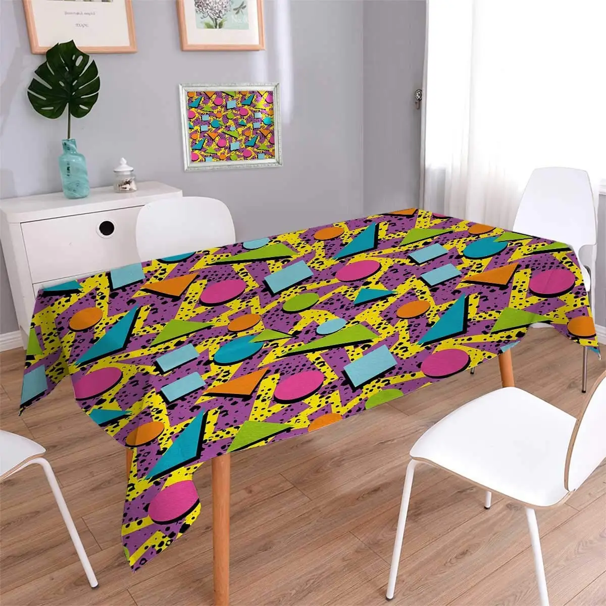 

Vintage Tablecloth Funky Geometric 80s Memphis Fashion Style Colorful Figures Pop Art Inspired Pattern Table Cover Multicolor