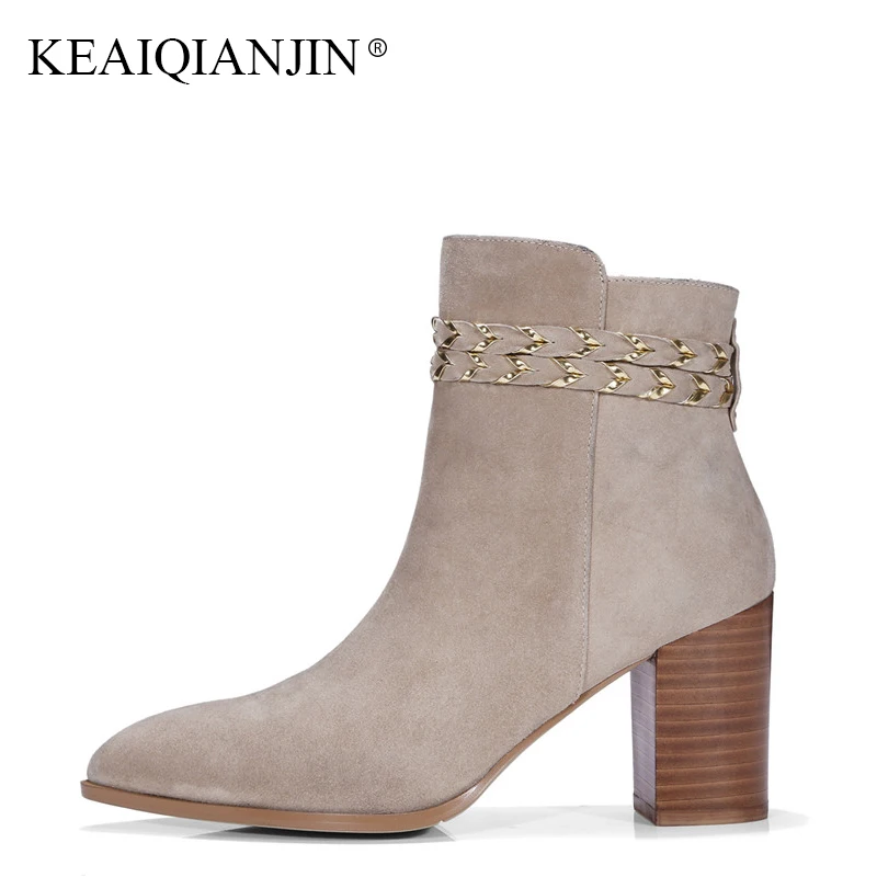 

KEAIQIANJIN Winter Autumn Metal Decoration Ankle Boots Women Plus Size 33 Black Martin Boots Genuine Leather High Heeled Boots