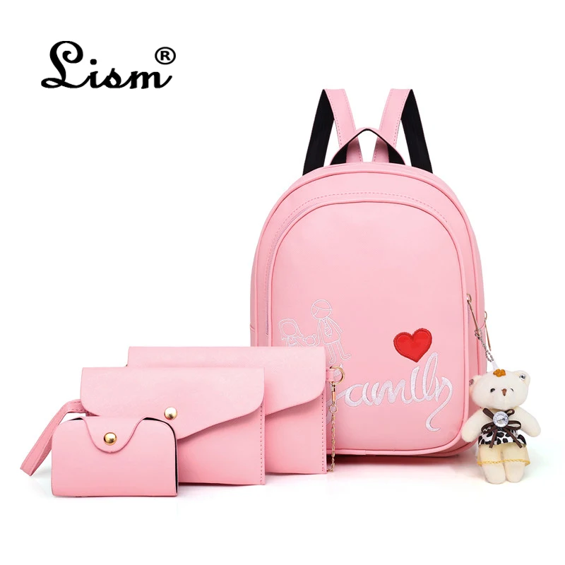 

Women's Backpacks Fashion Lady Embroidery School Bag 4 Piece Set Chains Crossbody Bag Travel Backpack PUBGS 2018 New Gift Bear