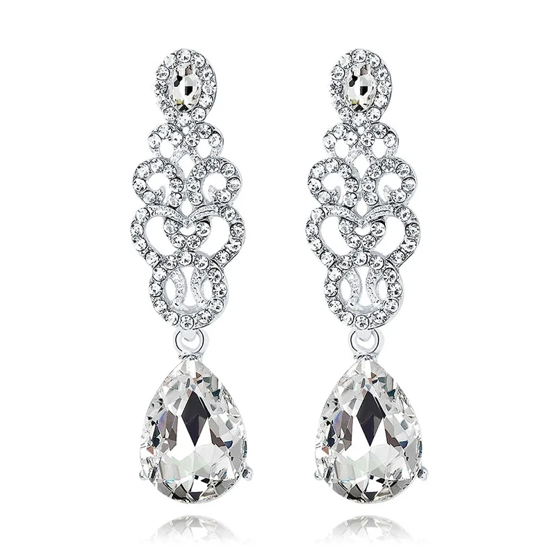 Silver Color Earrings Crystal Wedding Drop Earrings for Women Teardrop