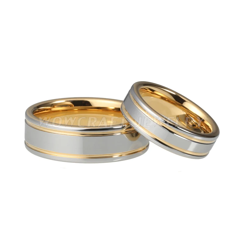Золотые кольца из карбида вольфрама для пары, обручальное кольцо для влюбленных с двойными канавками, полированное блестящее серебро