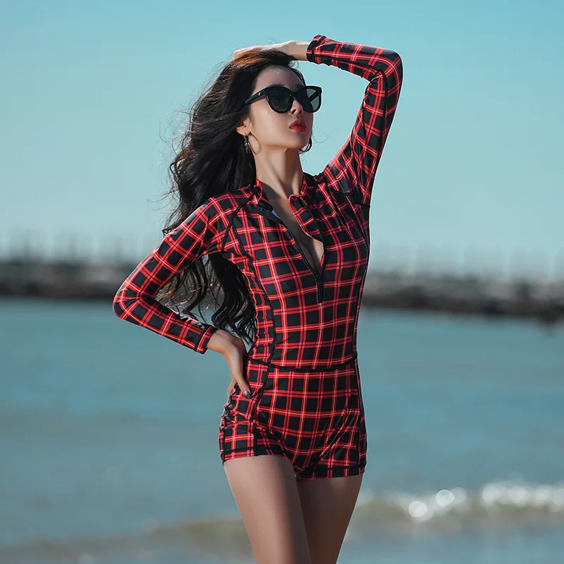 

Women Rash Guard Long Sleeve Surf Swimwear Closed Swimsuit One Piece Rashguard With Shorts Trikini Lycra Female Red Lattice Swim