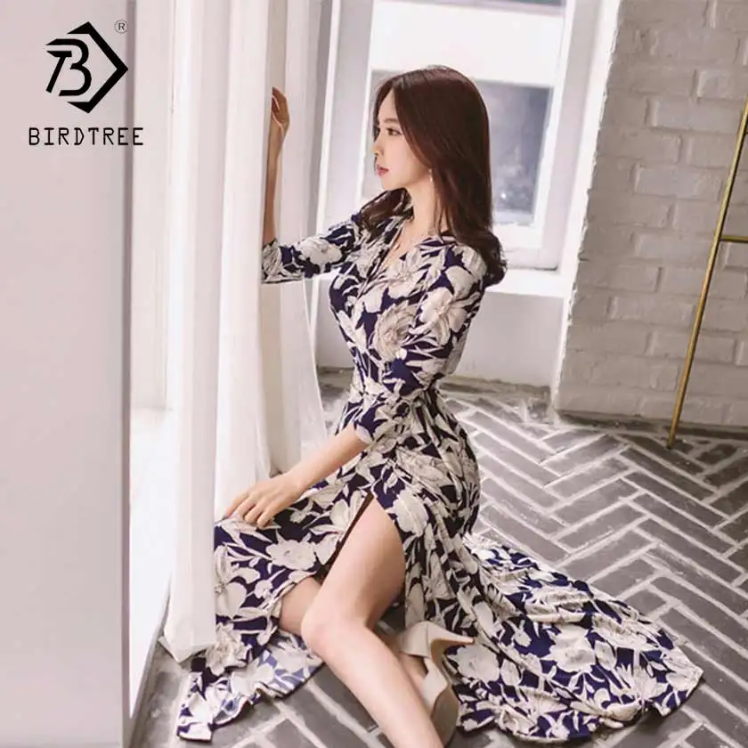 

2019 New Spring Women's Print High Waist V-Neck Split Lace Up Bow Dress Sexy Fashion Elegant Slim Office Lady Dresses D93603X