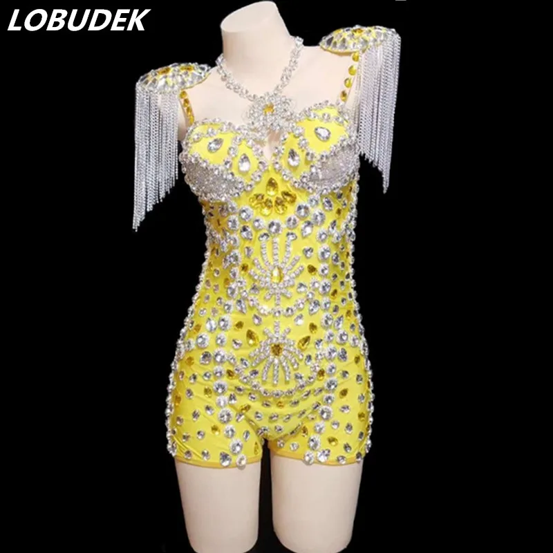 

Nightclub Women Singer Stage Wear Sparkly Glass Rhinestones Epaulet Yellow Bodysuit Crystals Tights Jazz Dance Leotard Costume