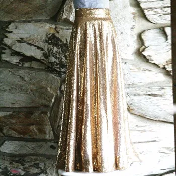 

Sequins Champagne Long Skirts Floor Length High Waist Women Skirts Stylish Gold Formal Prom Party Skirts Zipper Up