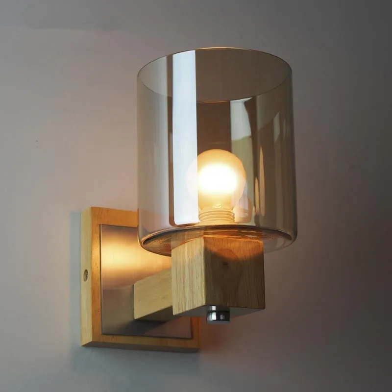 Vintage Loft Amber Glass Wall Lamp Bedroom Bedside Wall Sconce Wood luminaire Wall Light Fixtures bathroom light E14