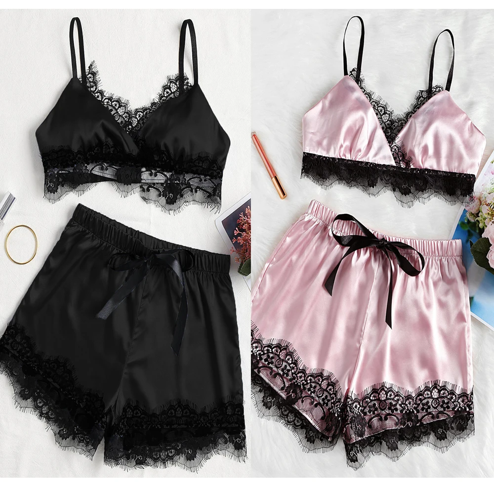 

2Pcs/set Womens Pajamas Set Summer Sleeveless Lace Cami Top Bowknot Shorts Nightwear Home Cloth Sexy Erotic Pyjama Femme Sexy