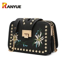 Mujeres de Los Bolsos Diseñador de la Marca de Moda de lujo Bordado de La Flor Cadenas Remache de Bloqueo Bolsas de Mensajero de Hombro de Cuero Crossbody