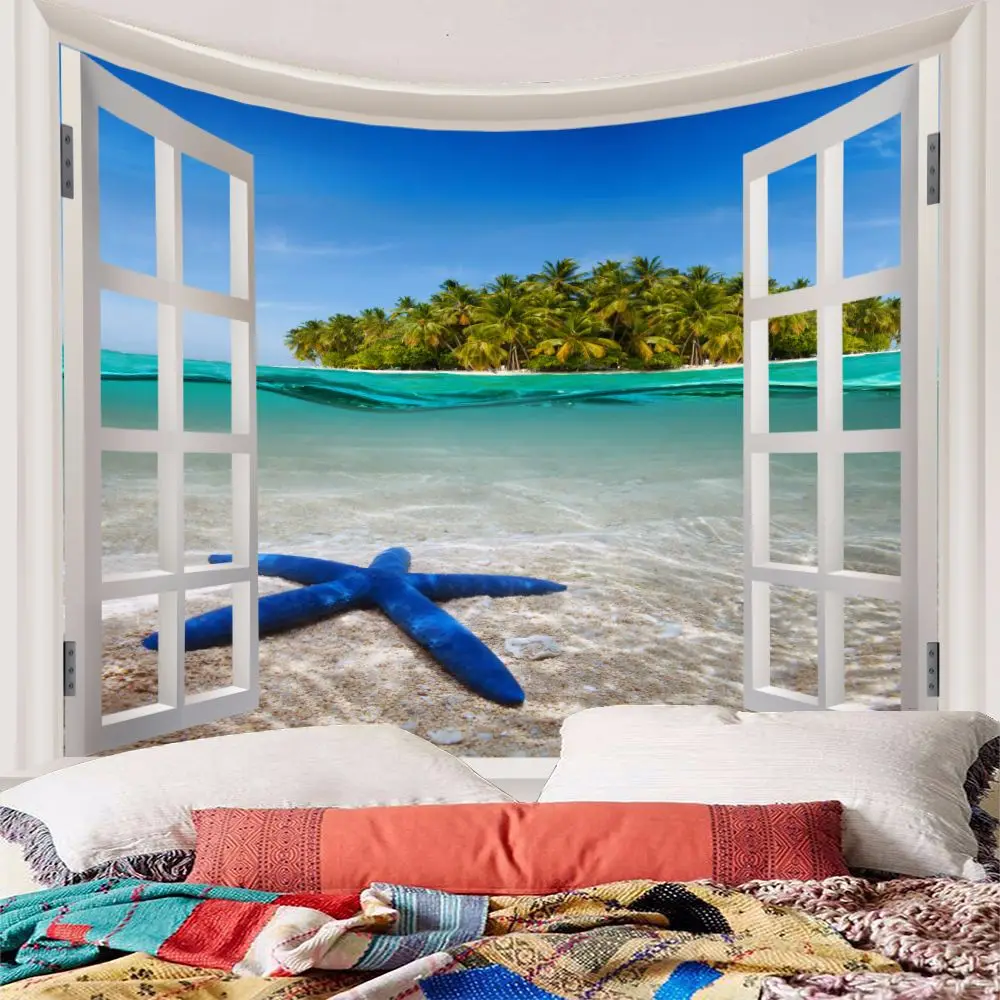 Гобелен настенный гобелен морские пейзажи за окном покрывало с принтом покрывало для опочивальни пляжное полотенце домашнее украшение
