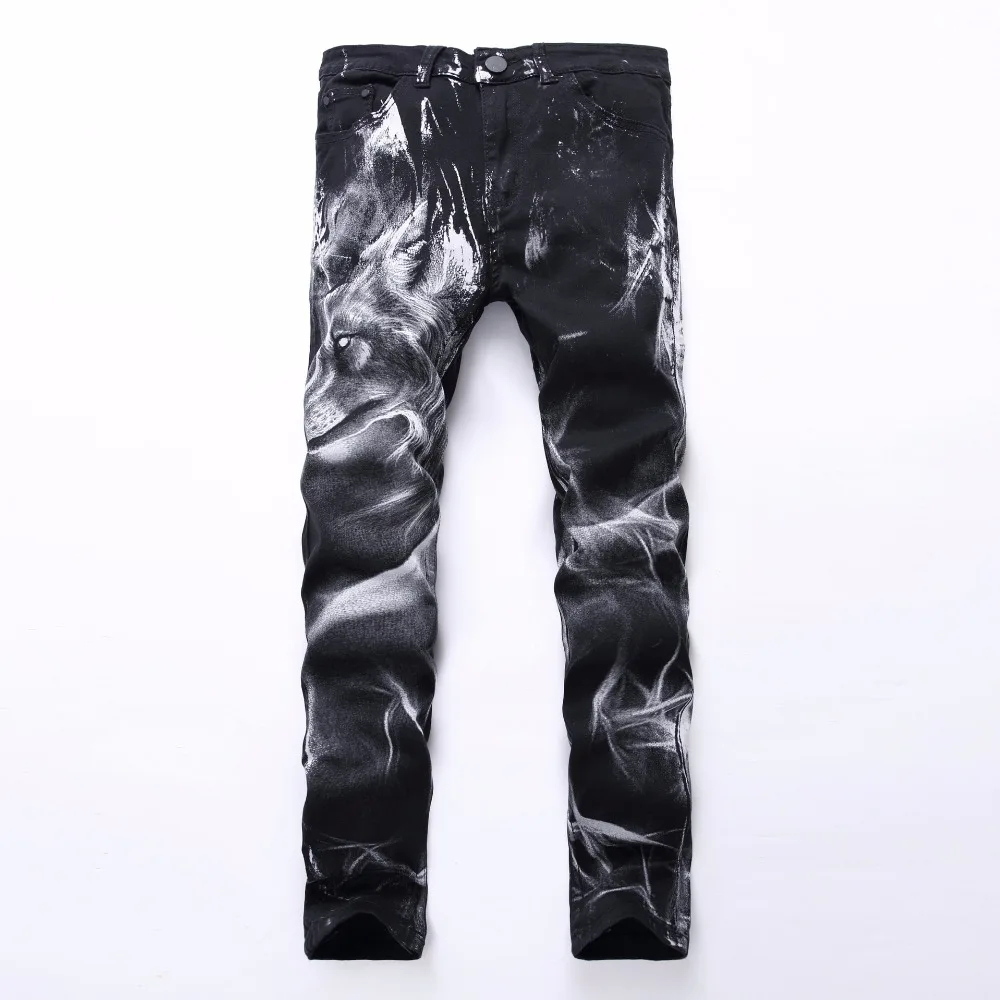

2019 New fashion Men's fashion wolf print stretch denim jeans Slim black painted straight pants Long trousers