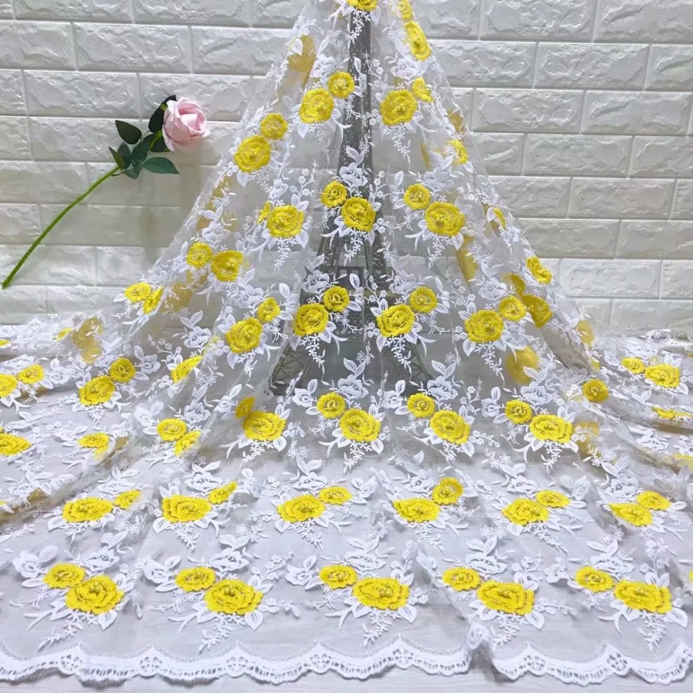 

Free shipping new arrival French net lace with beads and flower embroidery 5 yards African yellow lace for sewing dress ZJY034