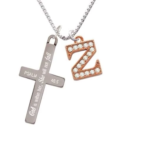 Crystal Rose Gold Tone Initial - Z - - She will not Fall - Cross Necklace (1)