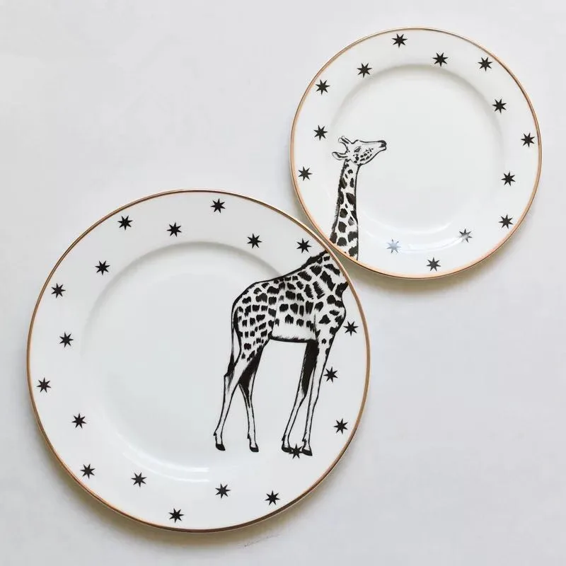 

6&8 Inch Animal Combined Plates Set Ceramic Plates Fox Elk Giraffe Zebra Pattern Plates Steak Breakfast Cake Fruits Dish R373