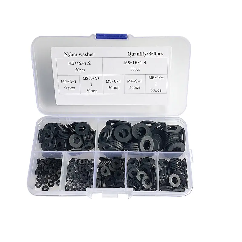 

350Pcs Black M2-M8/PCB Nylon Plastic Washer Bolt Assortment Kit Set With Plastic Box Gasket Ring Fastener Hardware