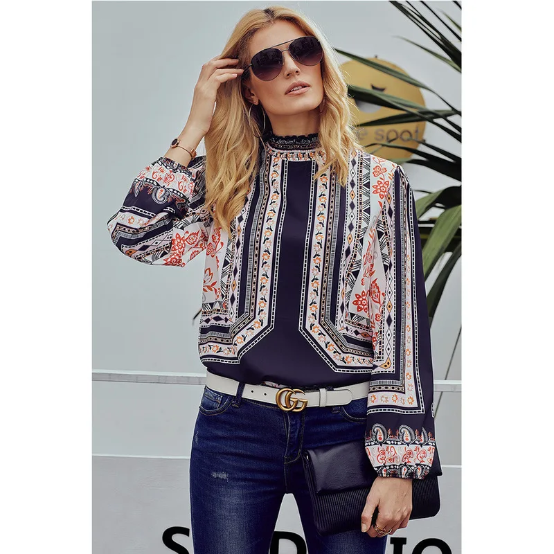 

Autumn women's new European and American printed shirt women's long-sleeved shirt Turtleneck high collar women's shirt 5 colors