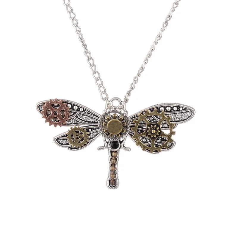 

Vintage Antique Silver Dragonfly Animal Pendant Steampunk Gears Necklace