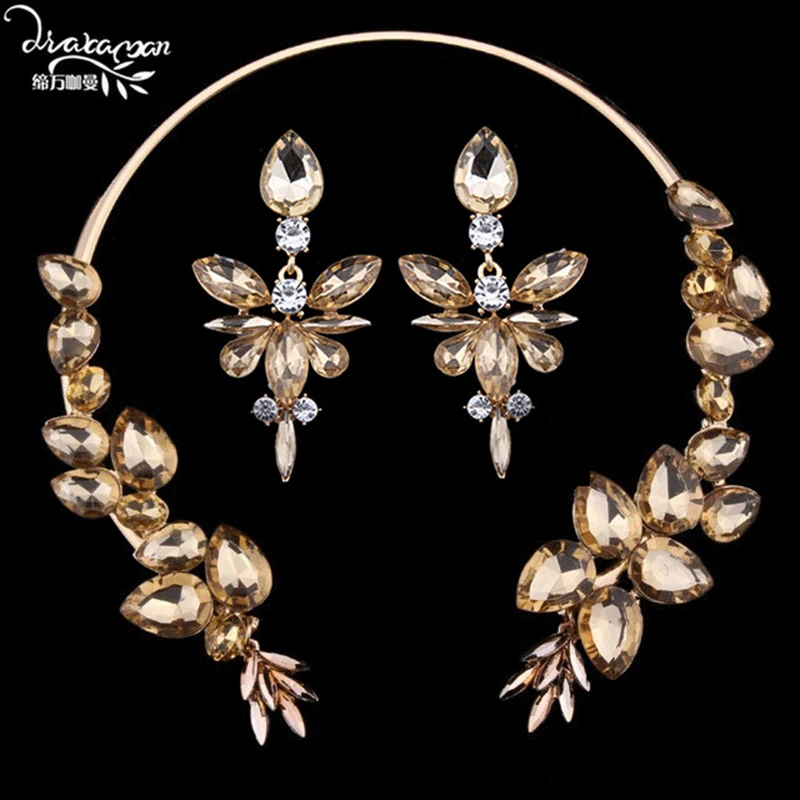 

Dvacaman Brand Crystal Charm Choker Necklace&Drop Earrings Women Indian Bridal Gold Color Jewelry Sets Prom Gifts Accessory KK33