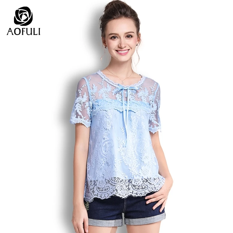 

AOFULI L- XXL Female Lace Blouse Plus Size With Bow Tie Flowers Lace Blue Tops Summer Short Sleeve Sheer Shirt A3625