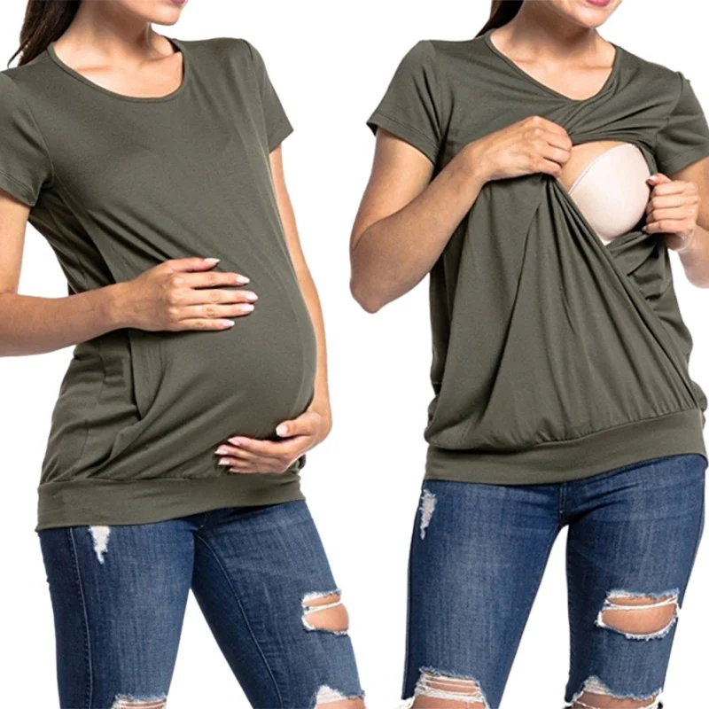 Short Sleeve Summer Maternity Nursing Tops Polyester Breastfeeding Solid Simple Clothes Easy To Feed Baby Can Be Worn Outside Short Sleeve Summer Maternity Nursing Tops Polyester Breastfeeding Solid Simple Clothes Easy To Feed Baby Can Be Worn Outside