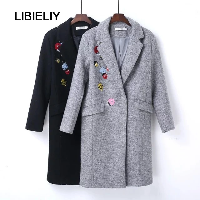 

Fashion New Women Autumn Winter Notched Lapel Single Breasted Simple Woolen Embroidery Coat And Jacket Female Casual Overcoat