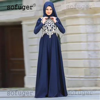 

Navy Blue Satin Appliques Middle East Sofuge Arabic Muslim Evening Dress Robe De Soiree Dubai Plus Size Party Dresses