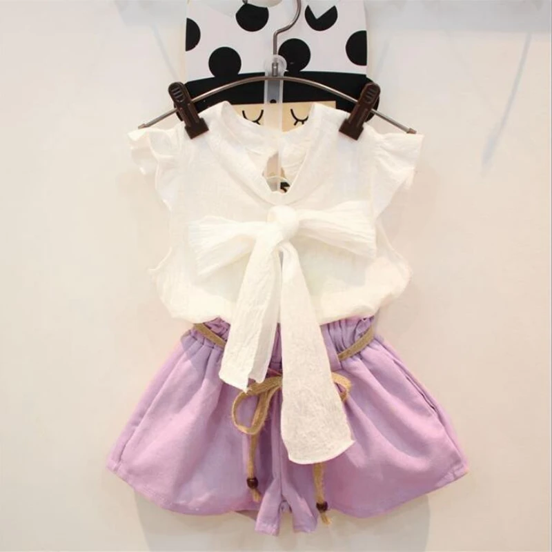 

NEAT 2018 Summer baby girl clothes Celebrity Elegant bow sleeveless shirt + strap elastic shorts Temperament girl suit Y38395