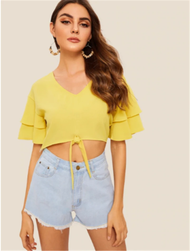 New Fashion Women Casual Loose Summer Short Sleeve T-shirt Tops Sexy Chiffon Crop Tops Ladies V Neck Sunsuit New Fashion Women Casual Loose Summer Short Sleeve T-shirt Tops Sexy Chiffon Crop Tops Ladies V Neck Sunsuit