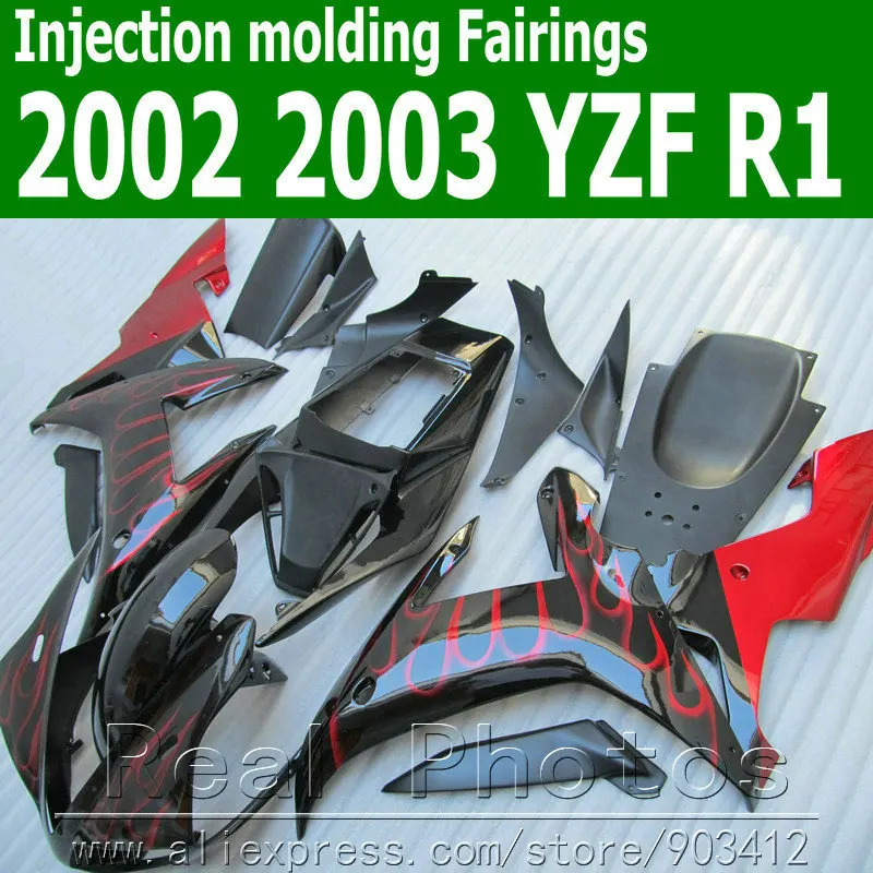 Литья под давлением Полный Обтекатель тела комплект для YAMAHA 2002 2003 Красный Пламя в черном цвете YZF R1 02 03 Обтекатели JK37